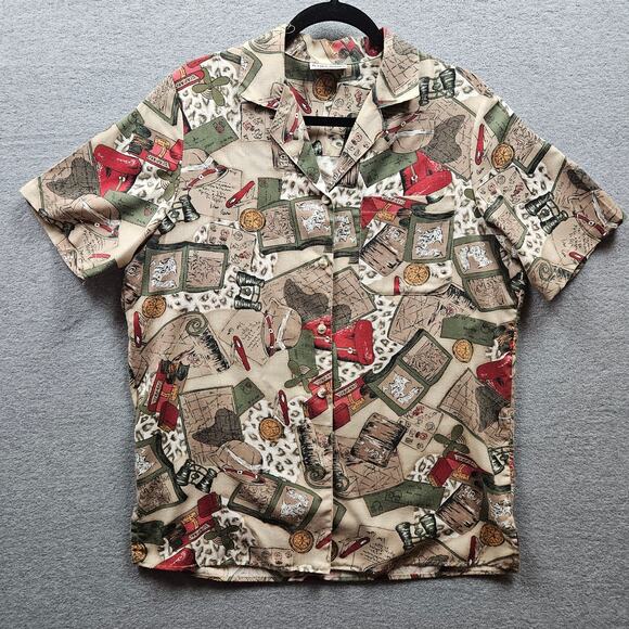RARE Vintage Adventurer Gear Allover print Short Blouse/Women's Shirt/BeigeSMALL - Picture 1 of 8